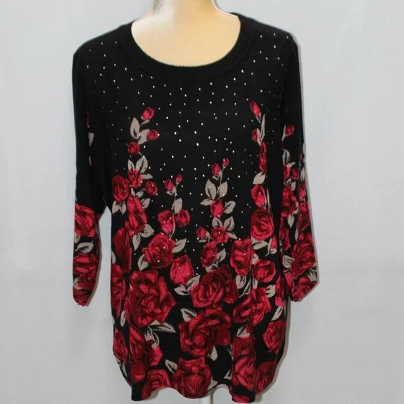Rebecca Malone Woman Red and Tan Roses on a Black Crew Neck Sweater - Picture 1 of 14